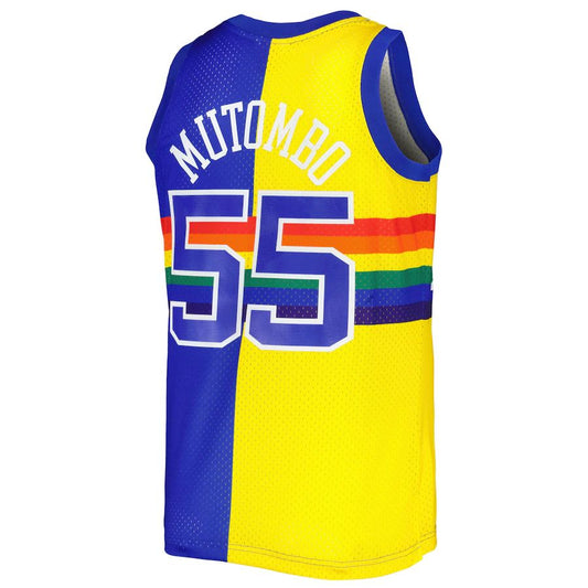 D.Nuggets #55 Dikembe Mutombo Mitchell & Ness Hardwood Classics 1991-92 Split Swingman Jersey Royal Gold Stitched American Basketball Jersey UNEC
