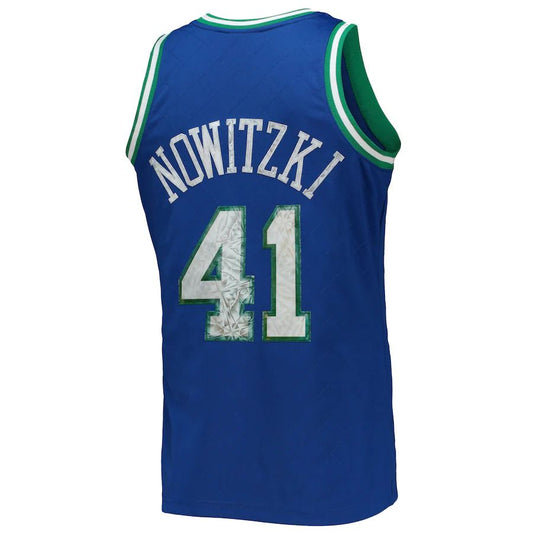 D.Mavericks #41 Dirk Nowitzki Mitchell & Ness 1996-97 Hardwood Classics 75th Anniversary Diamond Swingman Jersey  Blue Stitched American Basketball Jersey UNEC