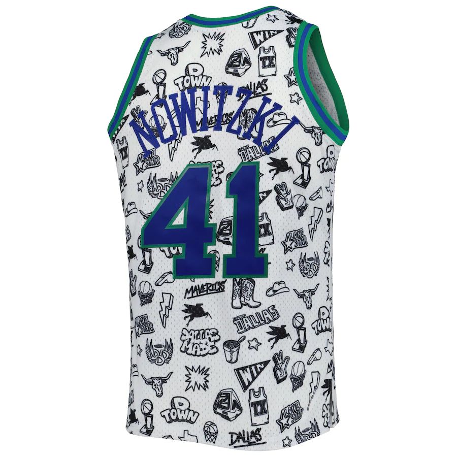 D.Mavericks #41 Dirk Nowitzki Mitchell & Ness 1998-99 Hardwood Classics Doodle Swingman Jersey White Stitched American Basketball Jersey UNEC