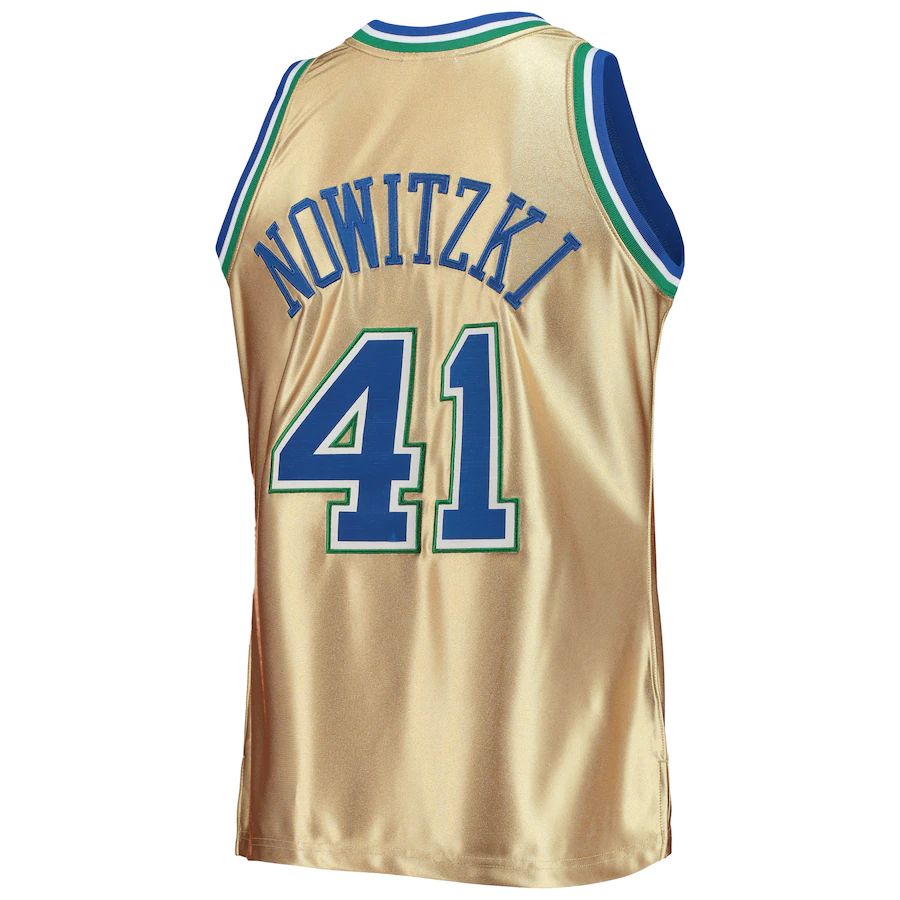 D.Mavericks #41 Dirk Nowitzki Mitchell & Ness 75th Anniversary 1998-99 Hardwood Classics Swingman Jersey Gold Stitched American Basketball Jersey UNEC