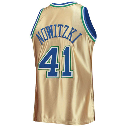 D.Mavericks #41 Dirk Nowitzki Mitchell & Ness 75th Anniversary 1998-99 Hardwood Classics Swingman Jersey Gold Stitched American Basketball Jersey UNEC