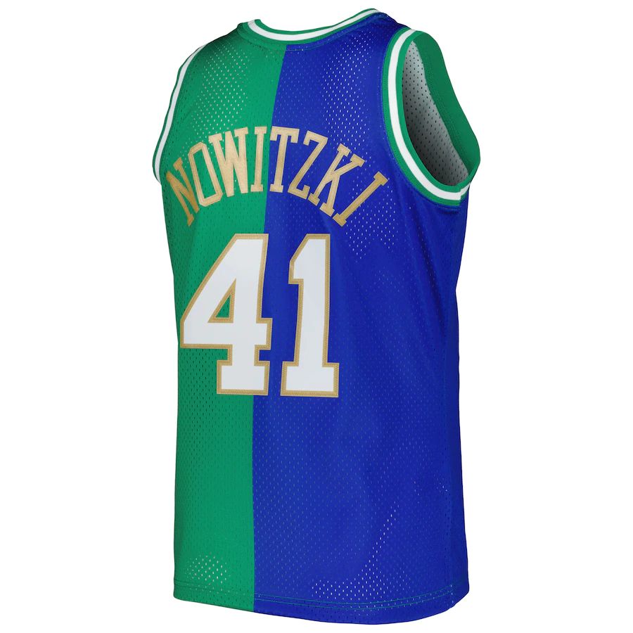 D.Mavericks #41 Dirk Nowitzki Mitchell & Ness Hardwood Classics 1998-2019 Split Swingman Jersey Blue Green Stitched American Basketball Jersey UNEC