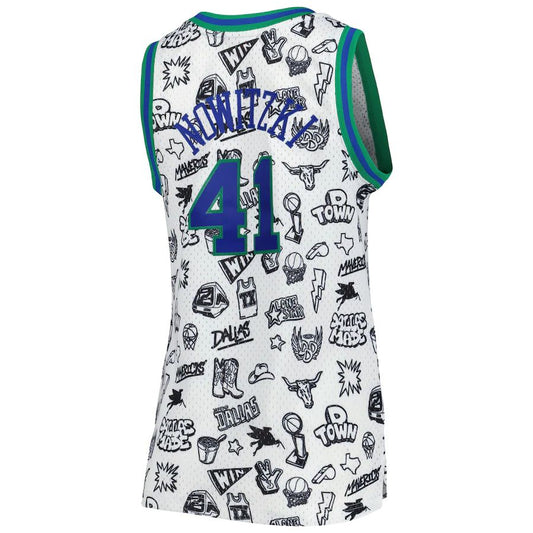 D.Mavericks #41 Dirk Nowitzki Mitchell & Ness Women's 1998 Doodle Swingman Jersey White Stitched American Basketball Jersey UNEC