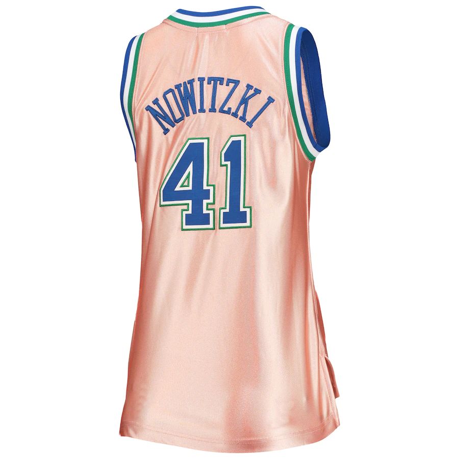 D.Mavericks #41 Dirk Nowitzki Mitchell & Ness 75th Anniversary Rose Gold 1998 Swingman Jersey Pink Stitched American Basketball Jersey UNEC