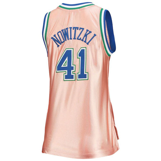 D.Mavericks #41 Dirk Nowitzki Mitchell & Ness 75th Anniversary Rose Gold 1998 Swingman Jersey Pink Stitched American Basketball Jersey UNEC