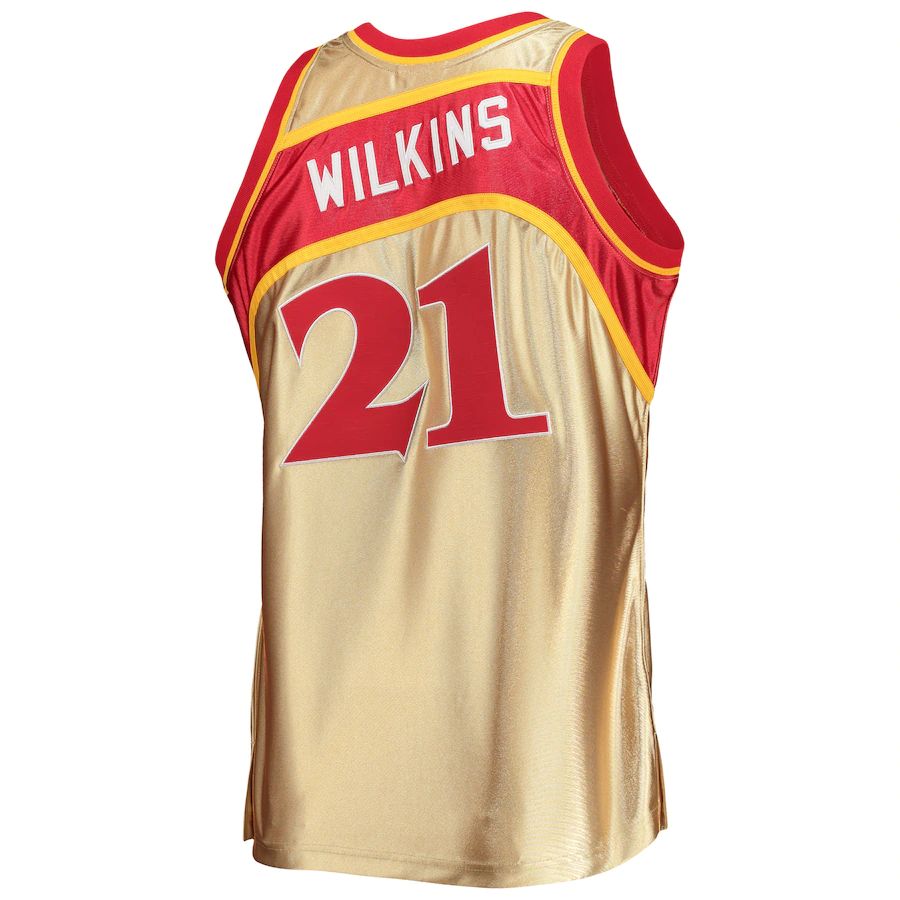 A.Hawks #21 Dominique Wilkins Mitchell & Ness 75th Anniversary 1986-87 Hardwood Classics Swingman Jersey Gold Stitched American Basketball Jersey UNEC