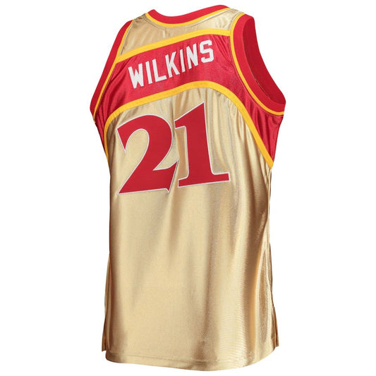 A.Hawks #21 Dominique Wilkins Mitchell & Ness 75th Anniversary 1986-87 Hardwood Classics Swingman Jersey Gold Stitched American Basketball Jersey UNEC