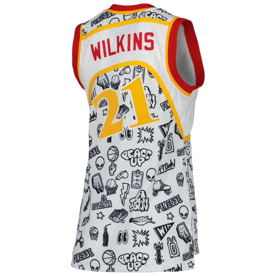 A.Hawks #21 Dominique Wilkins Mitchell & Ness Women's 1986 Doodle Swingman Jersey White Stitched American Basketball Jersey UNEC