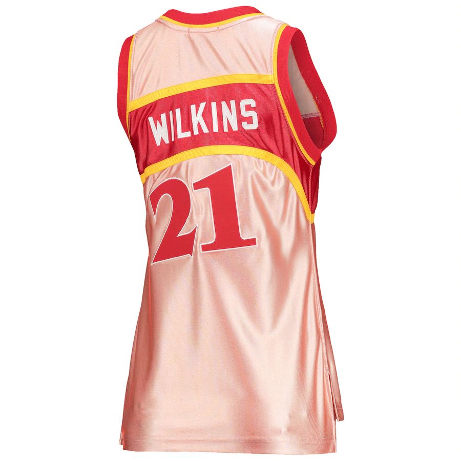 A.Hawks #21 Dominique Wilkins Mitchell & Ness 75th Anniversary Rose Gold 1986 Swingman Jersey Pink Stitched American Basketball Jersey UNEC