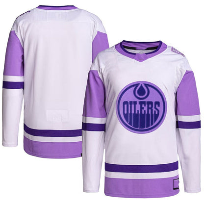 E.Oilers Hockey Fights Cancer Primegreen Authentic Blank Practice Jersey - White/Purple Stitched American Hockey Jersey UNEC
