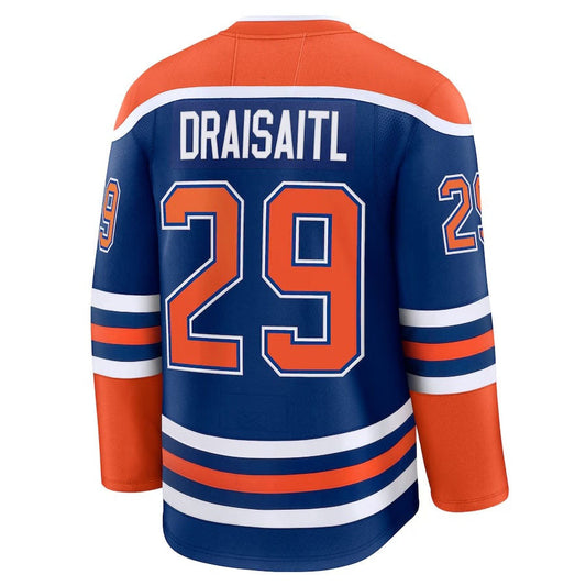 E.Oilers #29 Leon Draisaitl Fanatics Home Premium Jersey - Royal Stitched American Hockey Jersey UNEC