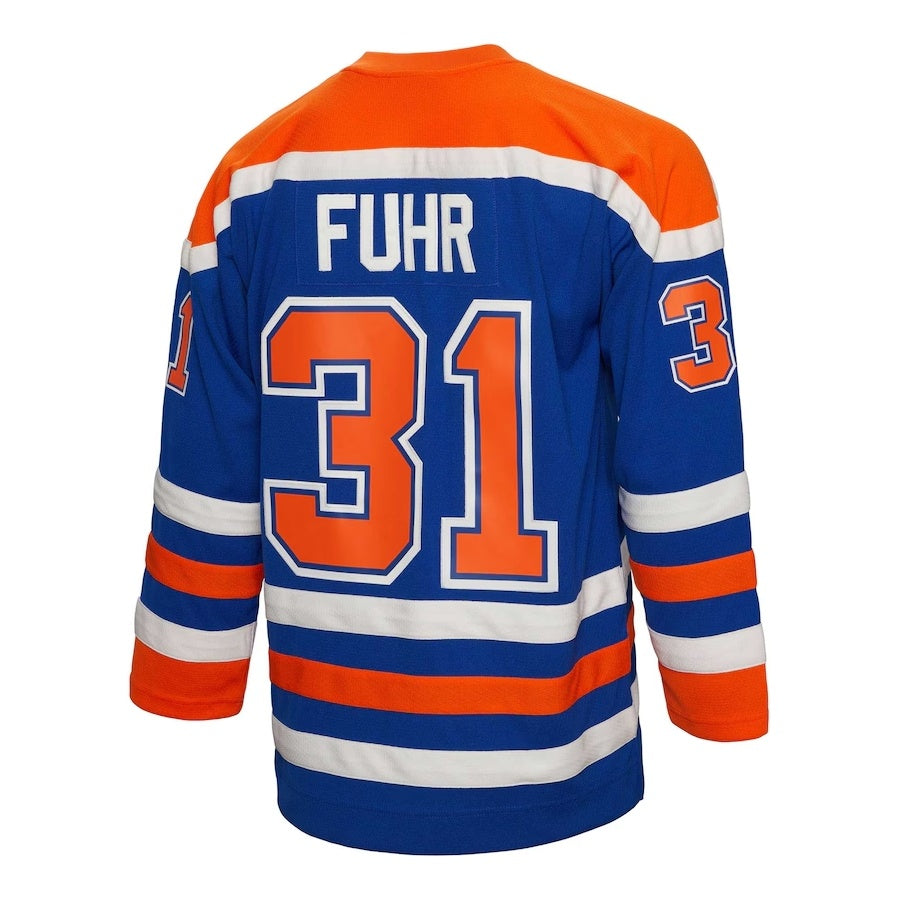 E.Oilers #31 Grant Fuhr Mitchell & Ness 1986-87 Blue Line Player Jersey - Royal Stitched American Hockey Jersey UNEC