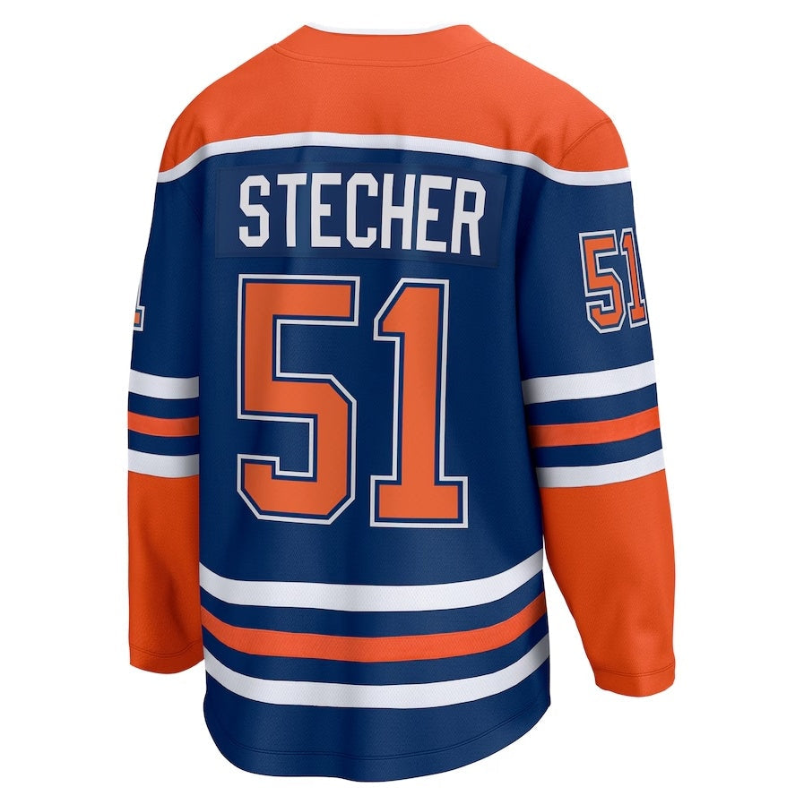 E.Oilers #51 Troy Stecher Fanatics Home Premier Breakaway Player Jersey - Royal Stitched American Hockey Jersey UNEC
