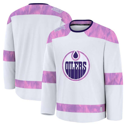E.Oilers Fanatics 2024 Hockey Fights Cancer Practice Jersey - White Stitched American Hockey Jersey UNEC