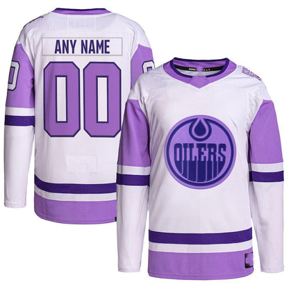 Custom E.Oilers Hockey Fights Cancer Primegreen Authentic White Purple Stitched American Hockey Jersey UNEC