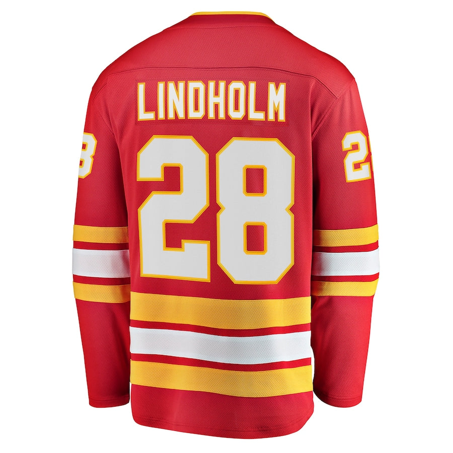 C.Flames #28 Elias Lindholm Fanatics Branded Home Team Breakaway Player Jersey Red Stitched American Hockey Jersey UNEC