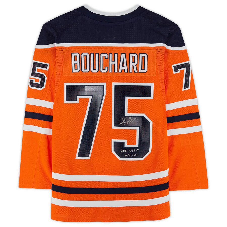 E.Oilers #75 Evan Bouchard Fanatics Authentic Autographed with Debut 10-6-18 Inscription  Orange Stitched American Hockey Jersey UNEC