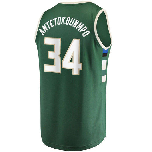 M.Bucks #34 Giannis Antetokounmpo Fanatics Branded Fast Break Replica Player Jersey Icon Edition Hunter Green Stitched American Basketball Jersey UNEC