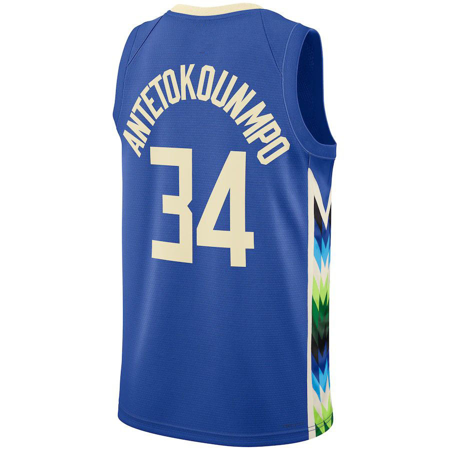 M.Bucks #34 Giannis Antetokounmpo Unisex 2022-23 Swingman Jersey City Edition Royal Stitched American Basketball Jersey UNEC