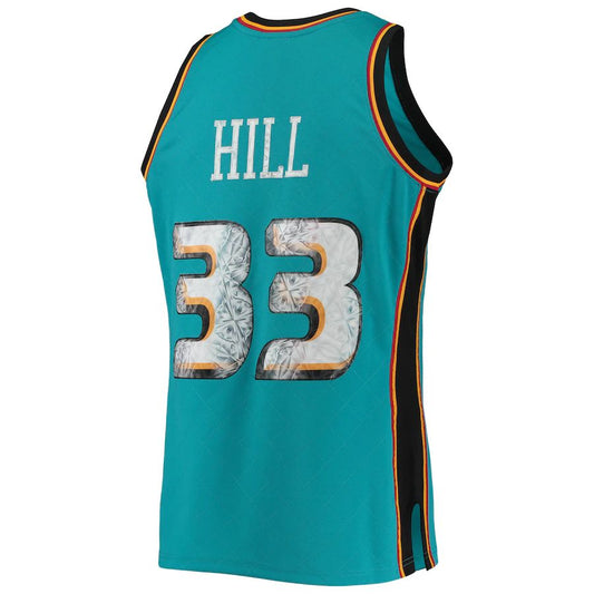D.Pistons #33 Grant Hill Mitchell & Ness 1996-97 Hardwood Classics 75th Anniversary Diamond Swingman Jersey Teal Stitched American Basketball Jersey UNEC