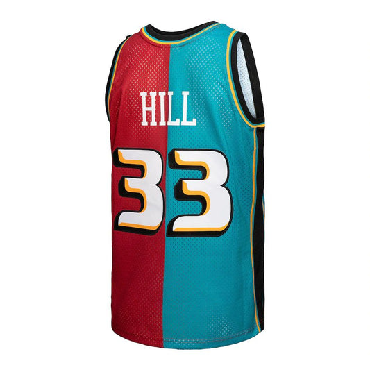 D.Pistons #33 Grant Hill Mitchell & Ness Hardwood Classics 1999-00 Split Swingman Jersey Teal Red Stitched American Basketball Jersey UNEC