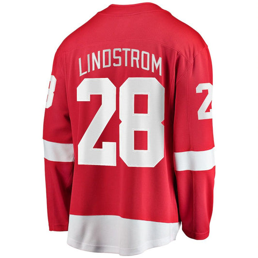 D.Red Wings #28 Gustav Lindstrom Fanatics Branded Home Breakaway Player Jersey Red Stitched American Hockey Jersey UNEC