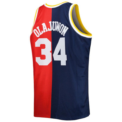 H.Rockets #34 Hakeem Olajuwon Mitchell & Ness Big & Tall Hardwood Classics 1993-94 Split Swingman Jersey Navy Red Stitched American Basketball Jersey UNEC
