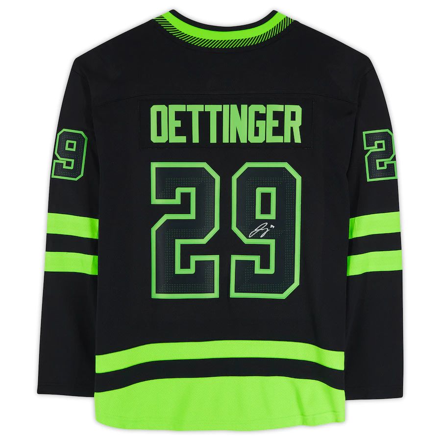 D.Stars #29 Jake Oettinger Fanatics Authentic Autographed Alternate Fanatics Breakaway Jersey Stitched American Hockey Jersey UNEC