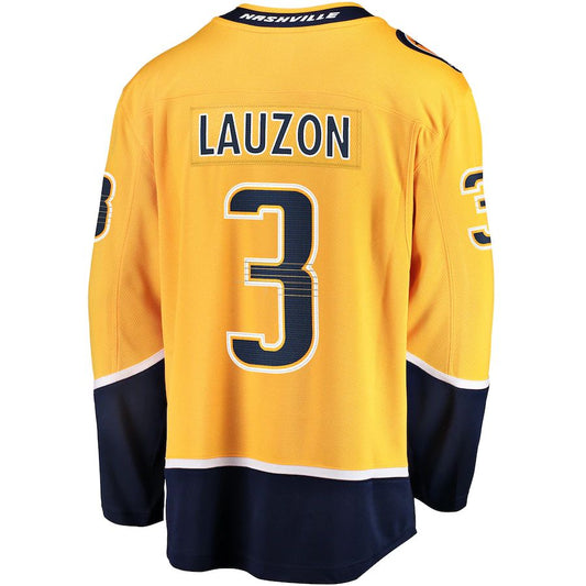 N.Predators #3 Jeremy Lauzon Fanatics Branded Home Breakaway Player Jersey Gold Stitched American Hockey Jersey UNEC