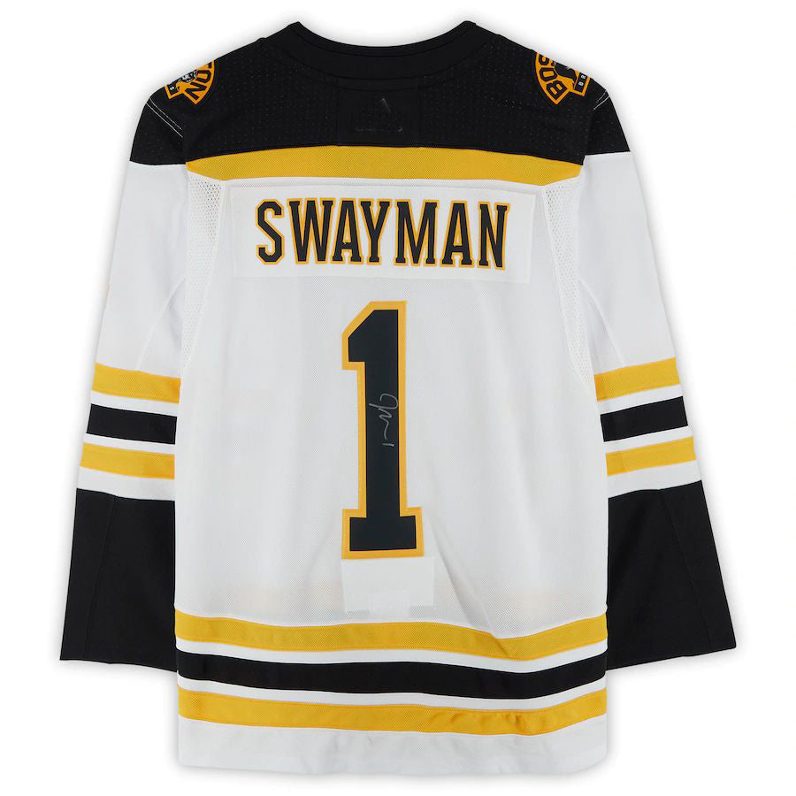 B.Bruins #1 Jeremy Swayman Fanatics Authentic Autographed Authentic Jersey White Black Stitched American Hockey Jersey UNEC