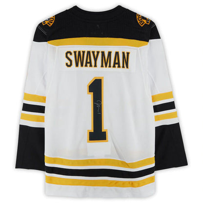 B.Bruins #1 Jeremy Swayman Fanatics Authentic Autographed Authentic Jersey White Black Stitched American Hockey Jersey UNEC