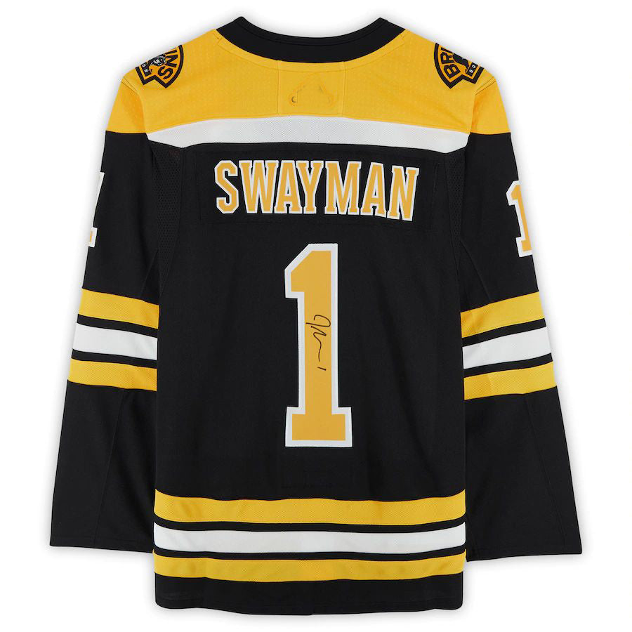 B.Bruins #1 Jeremy Swayman Fanatics Authentic Autographed Home Authentic Jersey Black Stitched American Hockey Jersey UNEC