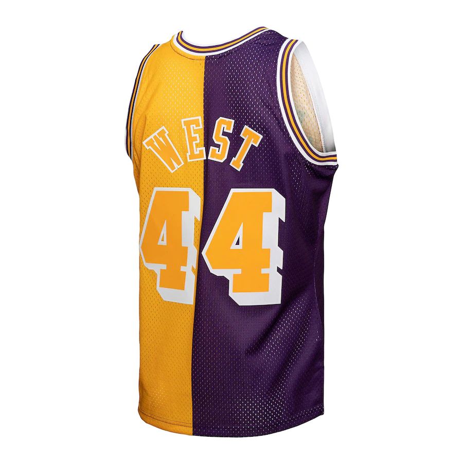 LA.Lakers #44 Jerry West Mitchell & Ness Hardwood Classics 1971-72 Split Swingman Jersey Purple Gold Stitched American Basketball Jersey UNEC