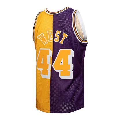 LA.Lakers #44 Jerry West Mitchell & Ness Hardwood Classics 1971-72 Split Swingman Jersey Purple Gold Stitched American Basketball Jersey UNEC