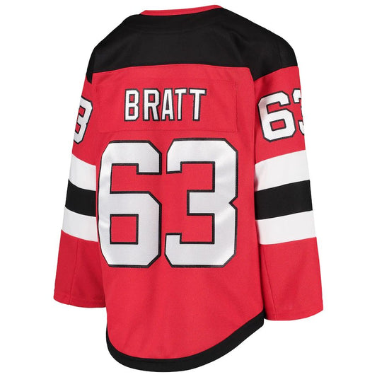 NJ.Devils #63 Jesper Bratt Home Premier Player Jersey Red Stitched American Hockey Jersey UNEC