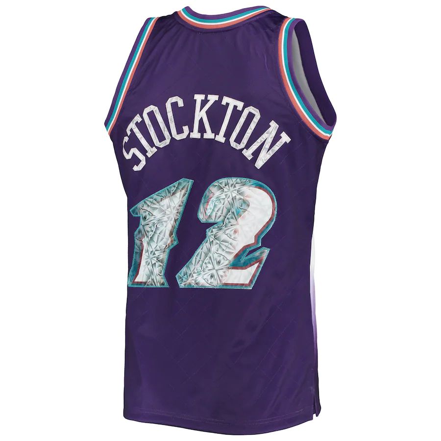U.Jazz #12 John Stockton Mitchell & Ness 1996-97 Hardwood Classics  75th Anniversary Diamond Swingman Jersey Purple Stitched American Basketball Jersey UNEC