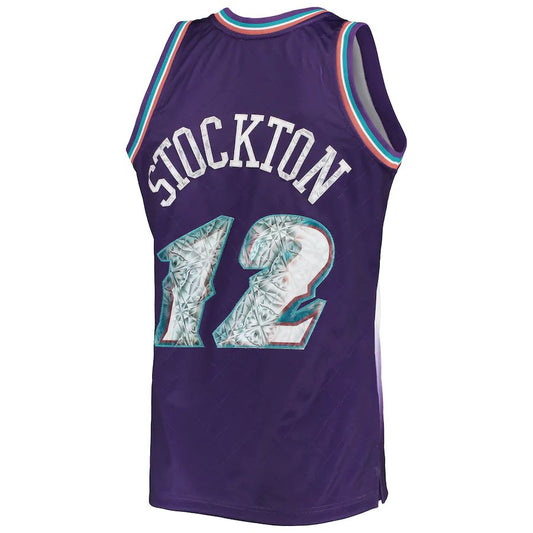 U.Jazz #12 John Stockton Mitchell & Ness 1996-97 Hardwood Classics  75th Anniversary Diamond Swingman Jersey Purple Stitched American Basketball Jersey UNEC
