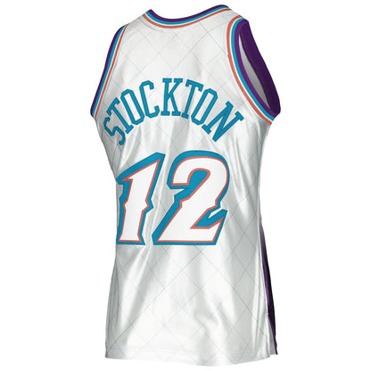 U.Jazz #12 John Stockton Mitchell & Ness 1996-97 Hardwood Classics 75th Anniversary Swingman Jersey Platinum Stitched American Basketball Jersey UNEC