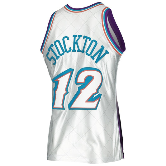 U.Jazz #12 John Stockton Mitchell & Ness 1996-97 Hardwood Classics 75th Anniversary Swingman Jersey Platinum Stitched American Basketball Jersey UNEC
