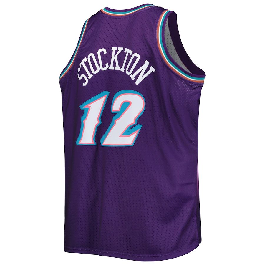U.Jazz #12 John Stockton Mitchell & Ness Big & Tall Hardwood Classics 1996-97 Swingman Jersey Purple Stitched American Basketball Jersey UNEC