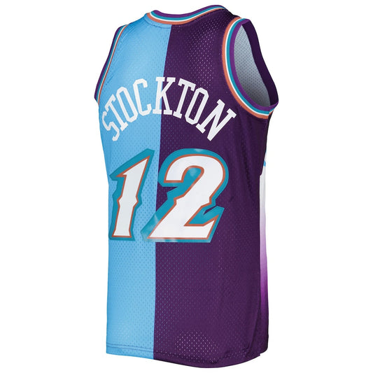 U.Jazz #12 John Stockton Mitchell & Ness Hardwood Classics 1996-97 Split Swingman Jersey Purple-Turquoise Stitched American Basketball Jersey UNEC