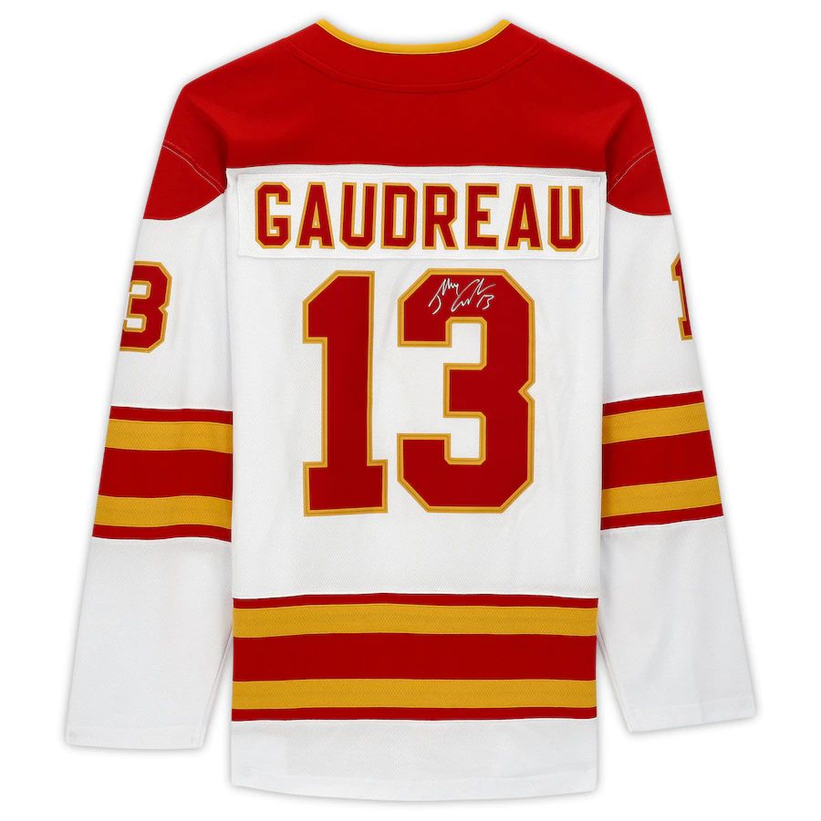 C.Flames #13 Johnny Gaudreau Fanatics Authentic Autographed Fanatics Breakaway Jersey White Red Stitched American Hockey Jersey UNEC