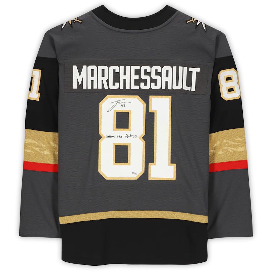 V.Golden Knights #81 Jonathan Marchessault Fanatics Authentic Autographed Breakaway Jersey with Defend the Fortress! Inscription Limited Edition of 17 Gray Hockey Jersey UNEC