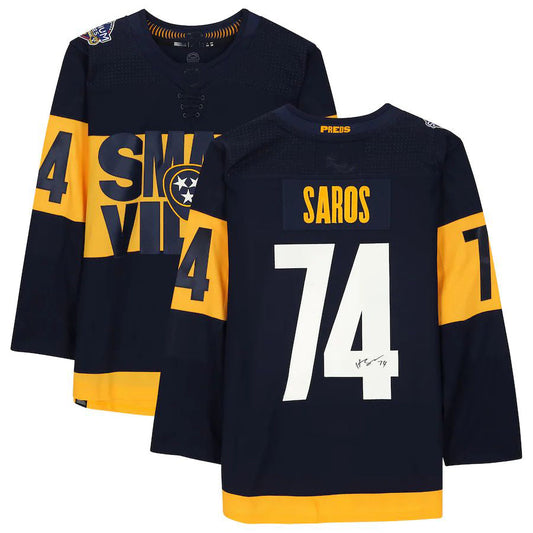 N.Predators #74 Juuse Saros Fanatics Authentic Autographed 2022 Stadium Series Jersey Navy Stitched American Hockey Jersey UNEC