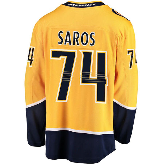 N.Predators #74 Juuse Saros Fanatics Branded Home Premier Breakaway Player Jersey Gold Stitched American Hockey Jersey UNEC