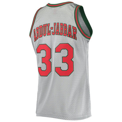 M.Bucks #33 Kareem Abdul-Jabbar Mitchell & Ness 75th Anniversary 1971-72 Hardwood Classics Swingman Jersey Silver Stitched American Basketball Jersey UNEC