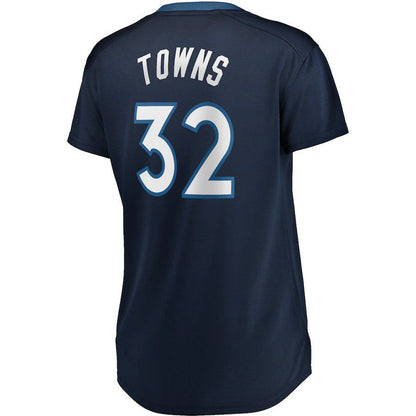 M.Timberwolves #32 Karl-Anthony Towns Fanatics Branded Women's Fast Break Replica Jersey Navy Stitched American Basketball Jersey UNEC
