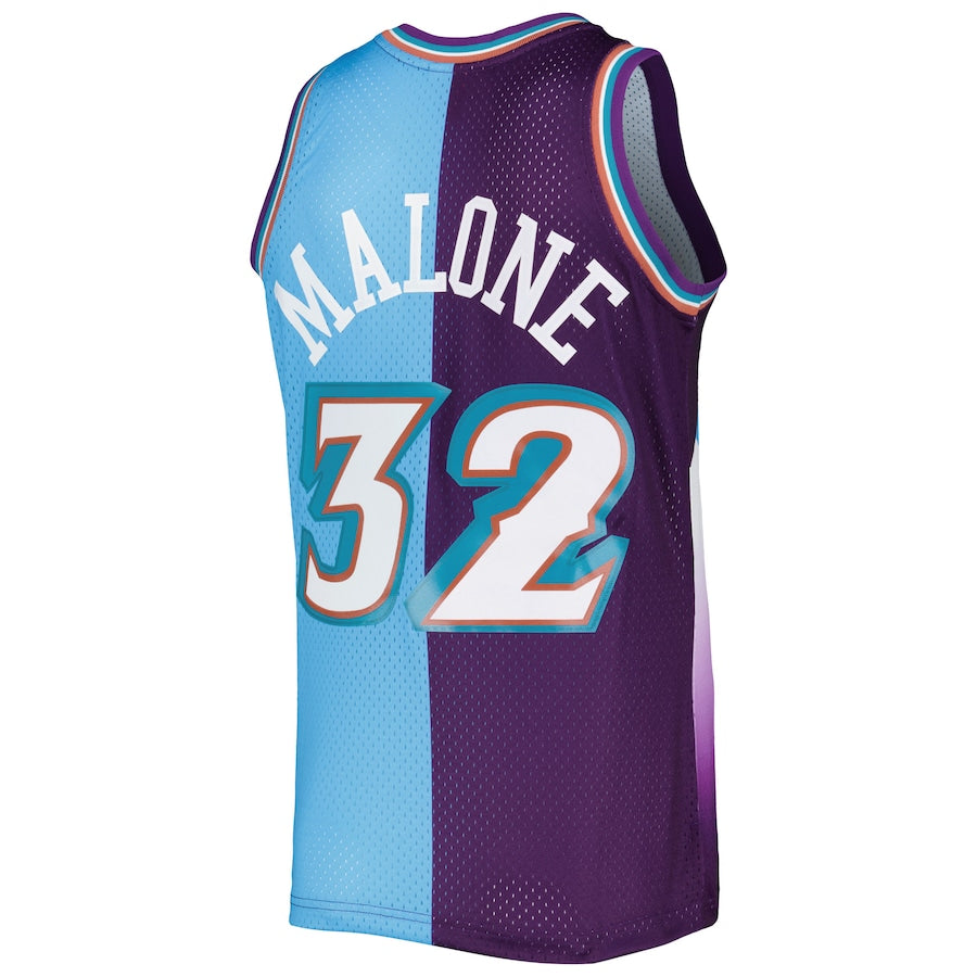 U.Jazz #32 Karl Malone Mitchell & Ness Hardwood Classics 1996-97 Split Swingman Jersey PurpleTurquoise Stitched American Basketball Jersey UNEC