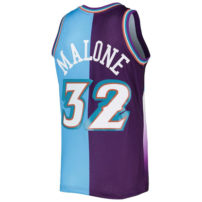 U.Jazz #32 Karl Malone Mitchell & Ness Hardwood Classics 1996-97 Split Swingman Jersey PurpleTurquoise Stitched American Basketball Jersey UNEC