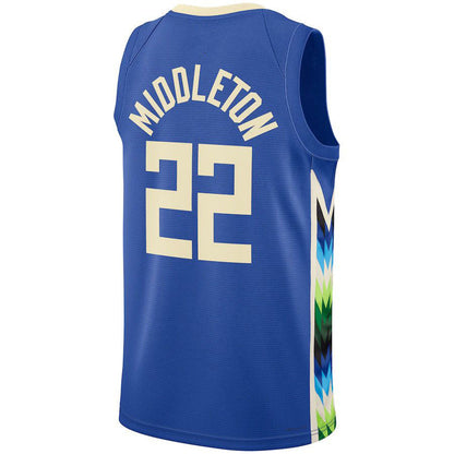 M.Bucks #22 Khris Middleton Unisex 2022-23 Swingman Jersey City Edition Royal Stitched American Basketball Jersey UNEC